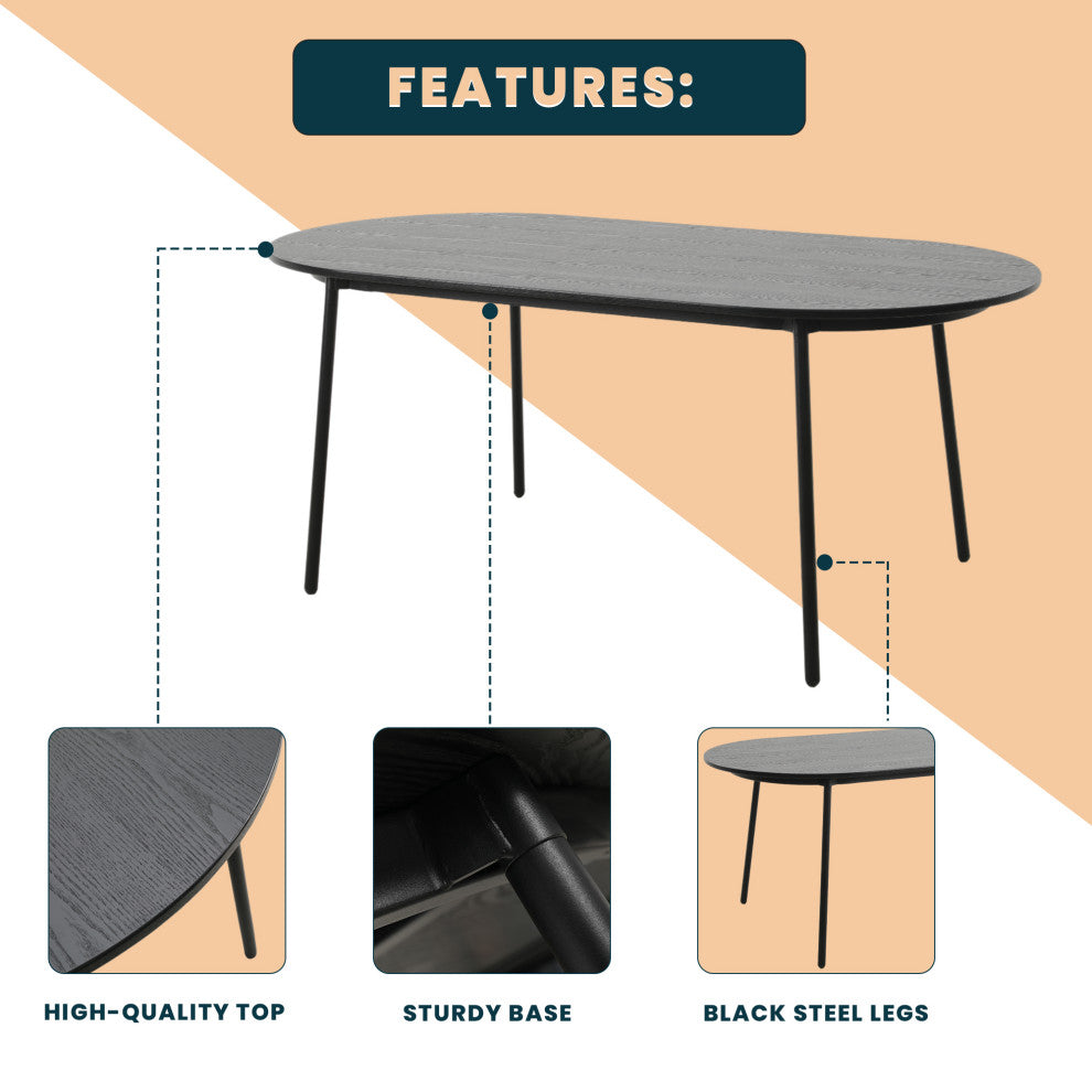 LeisureMod Tule 71" Oval Dining Table With MDF Top and Steel Legs, Black