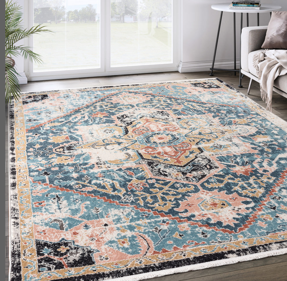 Abani Azure Collection AZR100A Medallion Faded Teal Blue Persian Area Rug