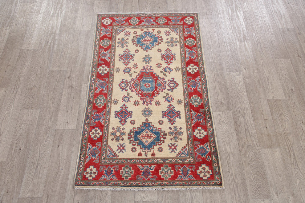 Hand-Knotted Kazak Oriental Traditional Pakistani Area Rug, Beige, 5'5"x3'2