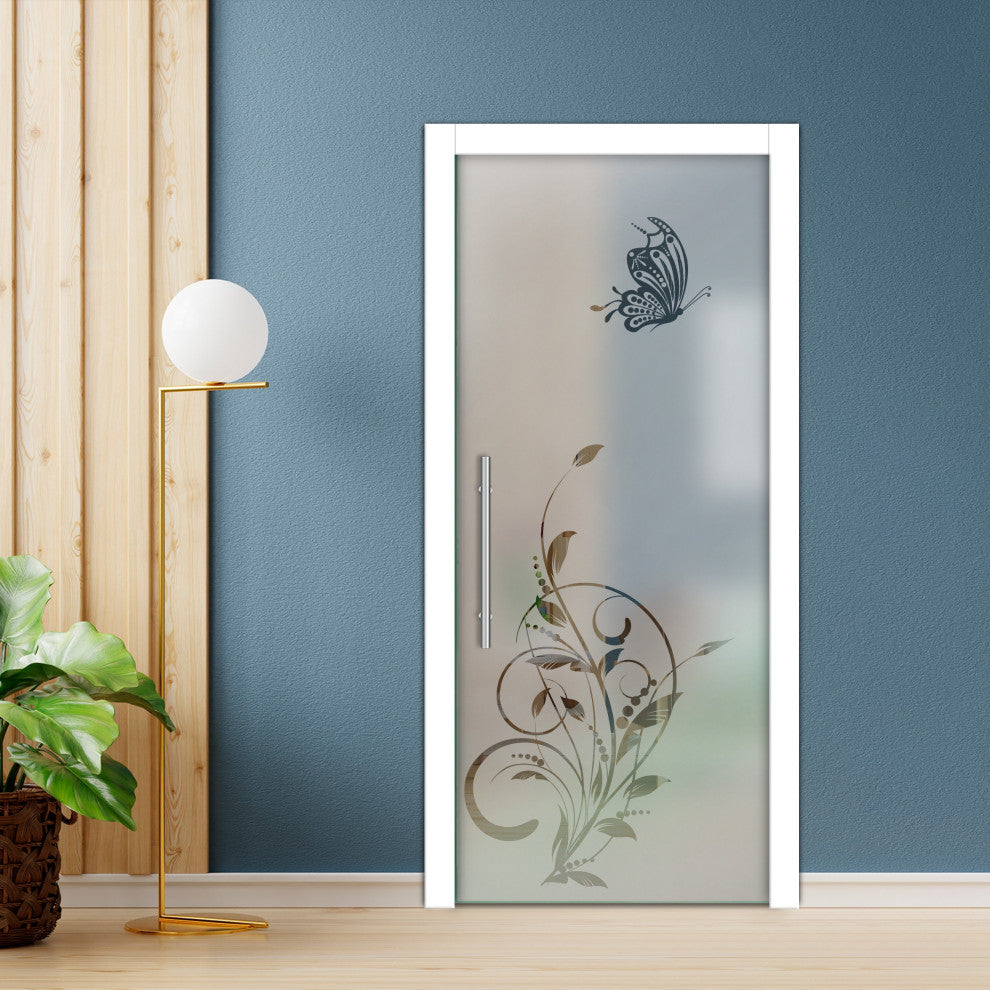 Frameless Pocket Sliding Glass Door, Sandblasted Design, 32"x80" Inches, T-Handle Bar, Semi-Private
