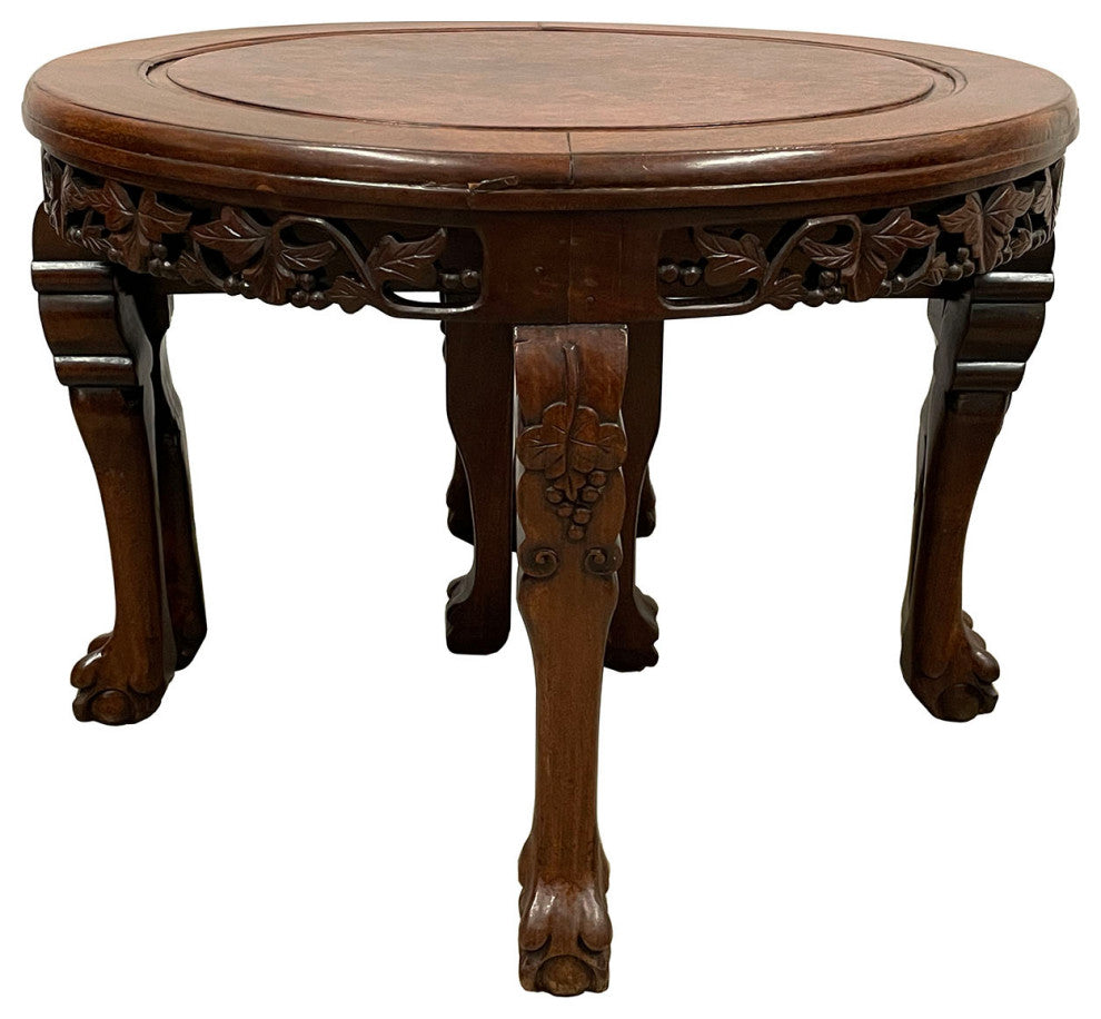 Consigned Antique Chinese Rosewood, Burl Wood Top Coffee Table w/4 Nesting stool