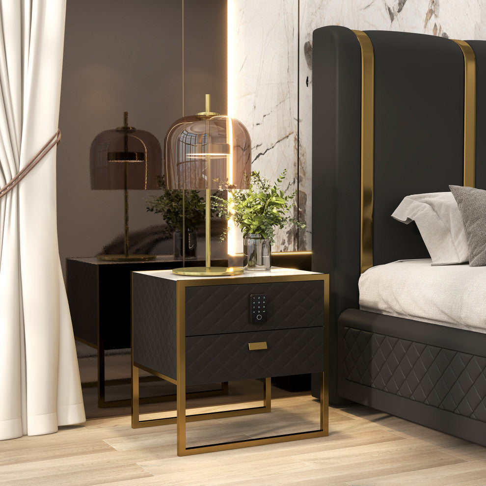 2 Drawers Bedroom Nightstand with Electronic Lock Stainless Steel Base, Black