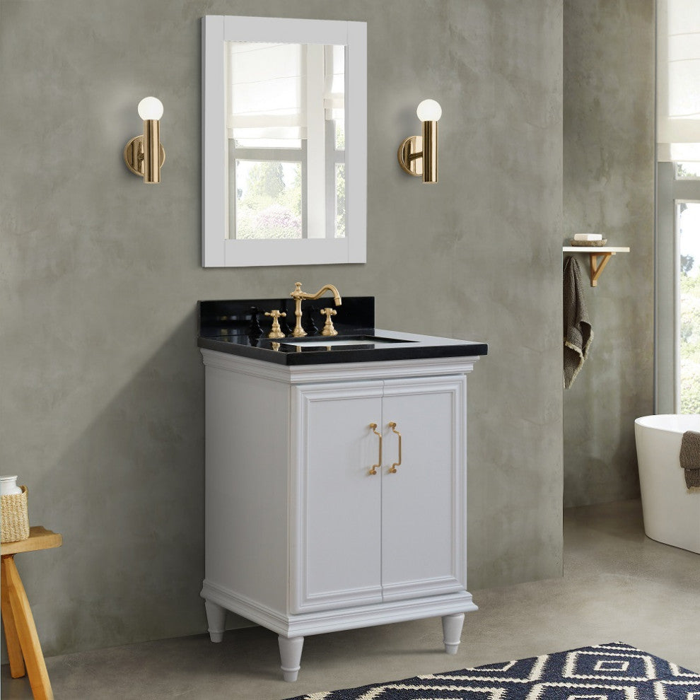 25" Single Vanity, White Finish With Black Galaxy And Rectangle Sink