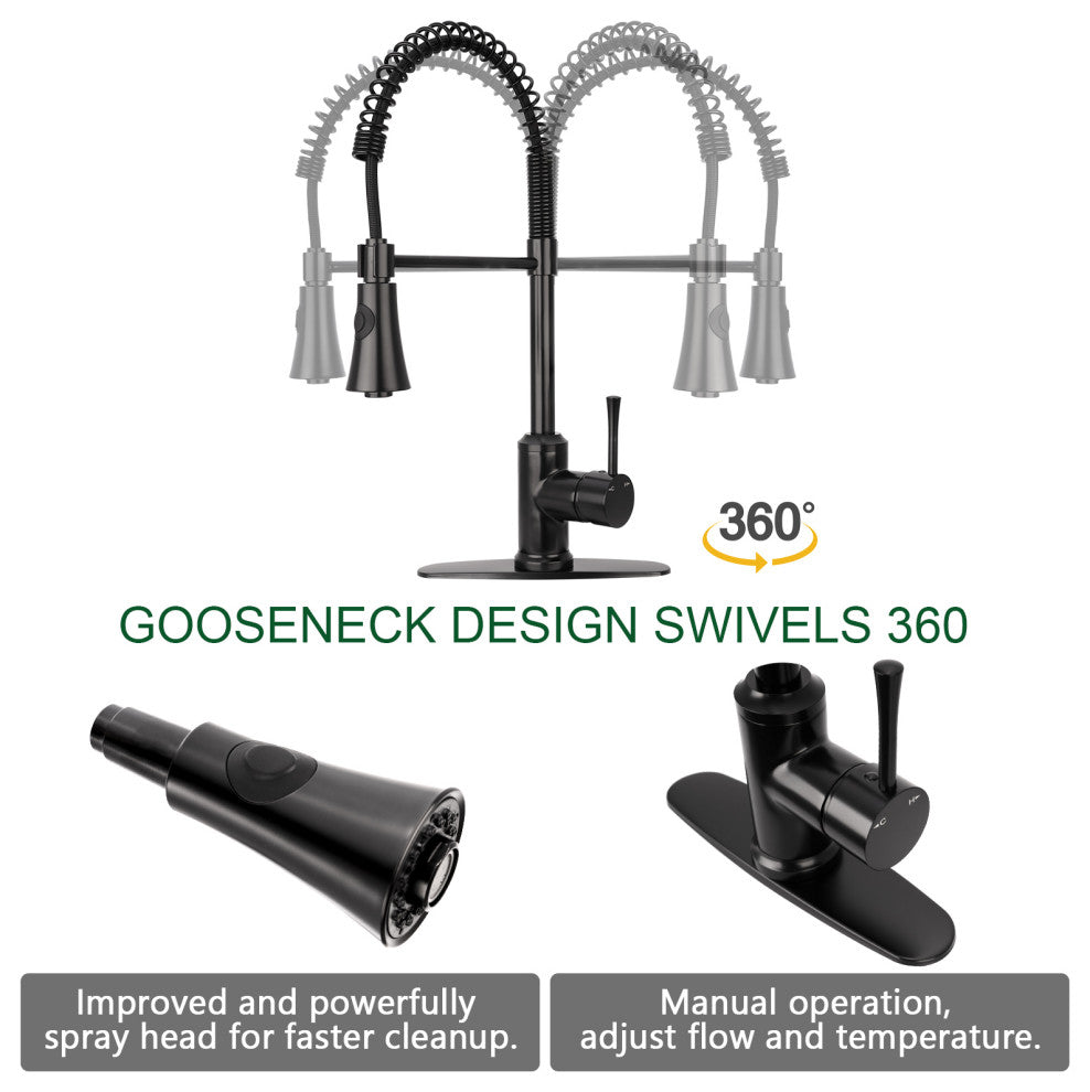 Copper Pre-Rinse Spring Kitchen Faucet with Pull Down Sprayer, Matte Black