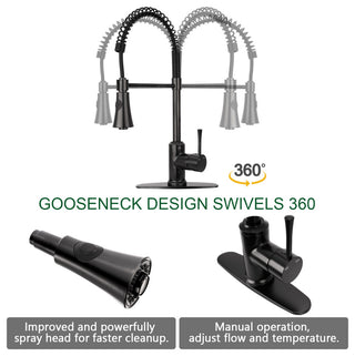 Copper Pre-Rinse Spring Kitchen Faucet with Pull Down Sprayer, Matte Black