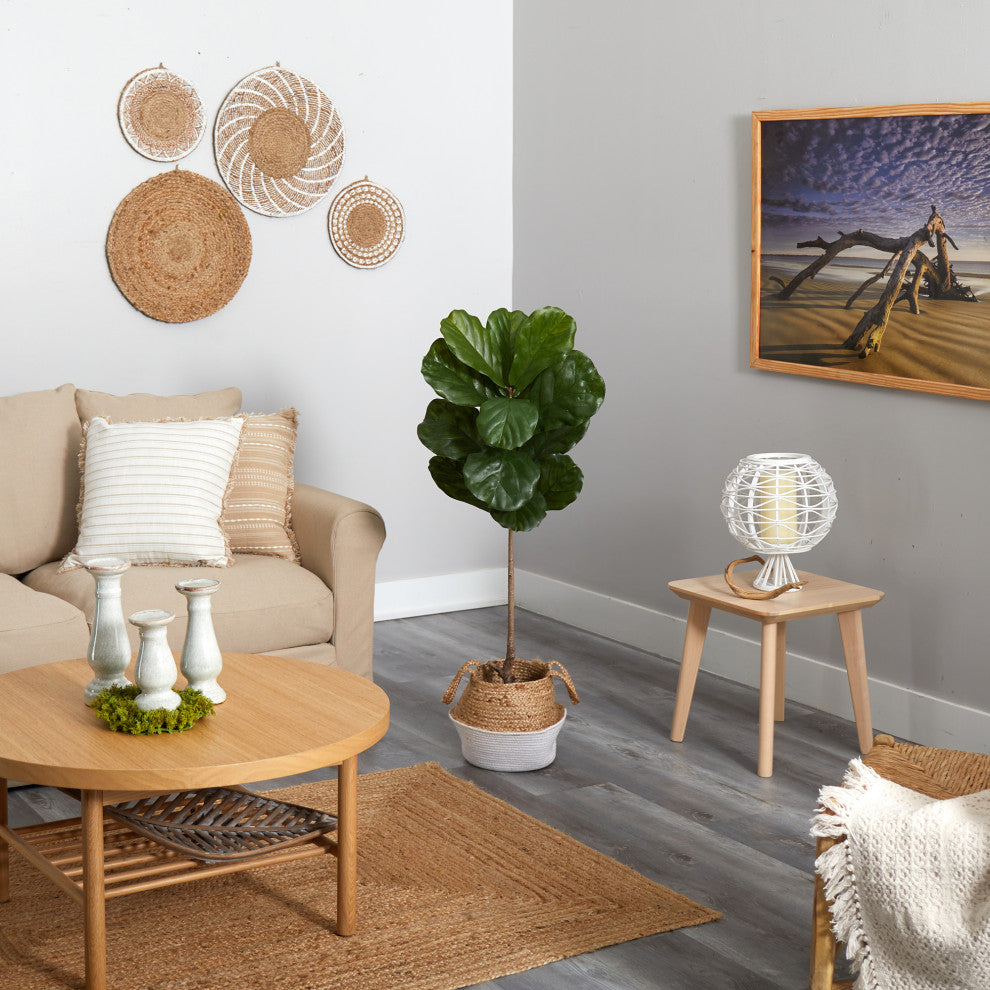 4' Fiddle Leaf Faux Tree, Boho Chic Handmade Cotton & Jute White Woven Planter