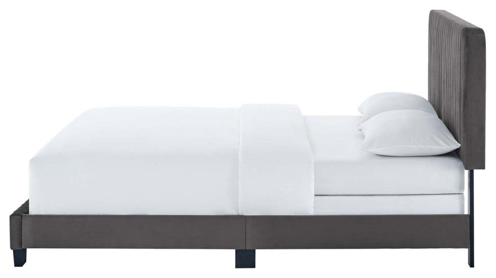 Tufted Platform Bed Frame, Full Size, Velvet, Grey Gray, Modern Contemporary