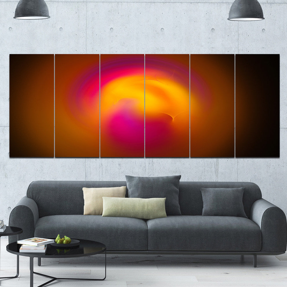 Yellow Pink Misty Sphere on Black, Abstract Canvas Art Print, 70"x28", 6 Panels