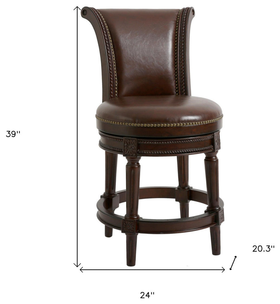 25" Dark Brown Faux Leather and Solid Wood Counter Height Swivel Bar Chair