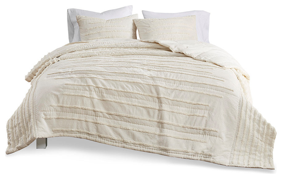 Urban Habitat Mercer 3 Piece Cotton Quilt Set With Chenille Trims, Ivory