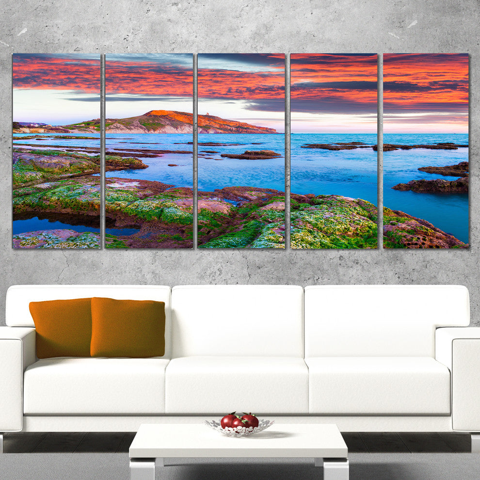 "Colorful Giollonardo Beach Sunset" Modern Seashore Wall Art, 5 Panels, 60"x28"