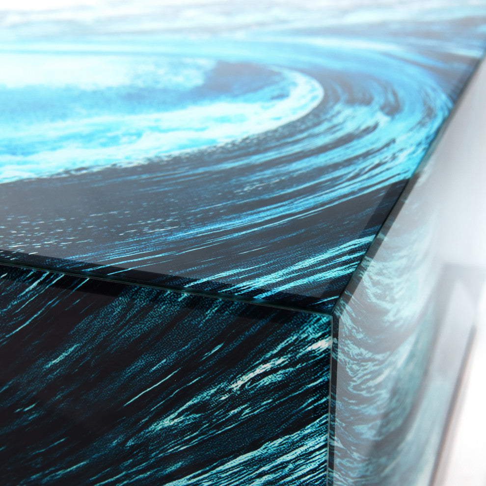 "Sapphire Sea" Printed Beveled Art Glass Table, Black Base, 22" X 22" X 22"