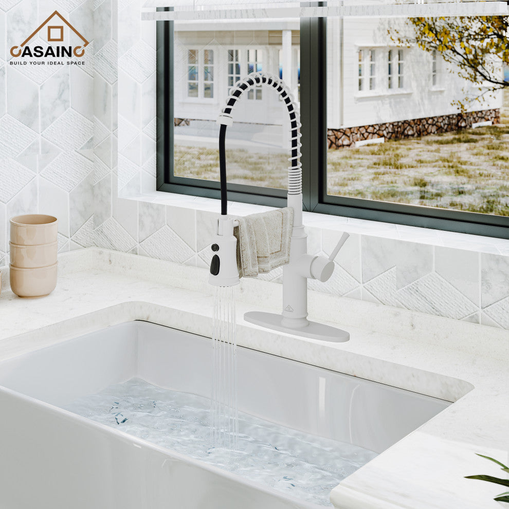 Single-Handle Spring Pull Down Sprayer Kitchen Faucet with Infrared Induction, Matte White