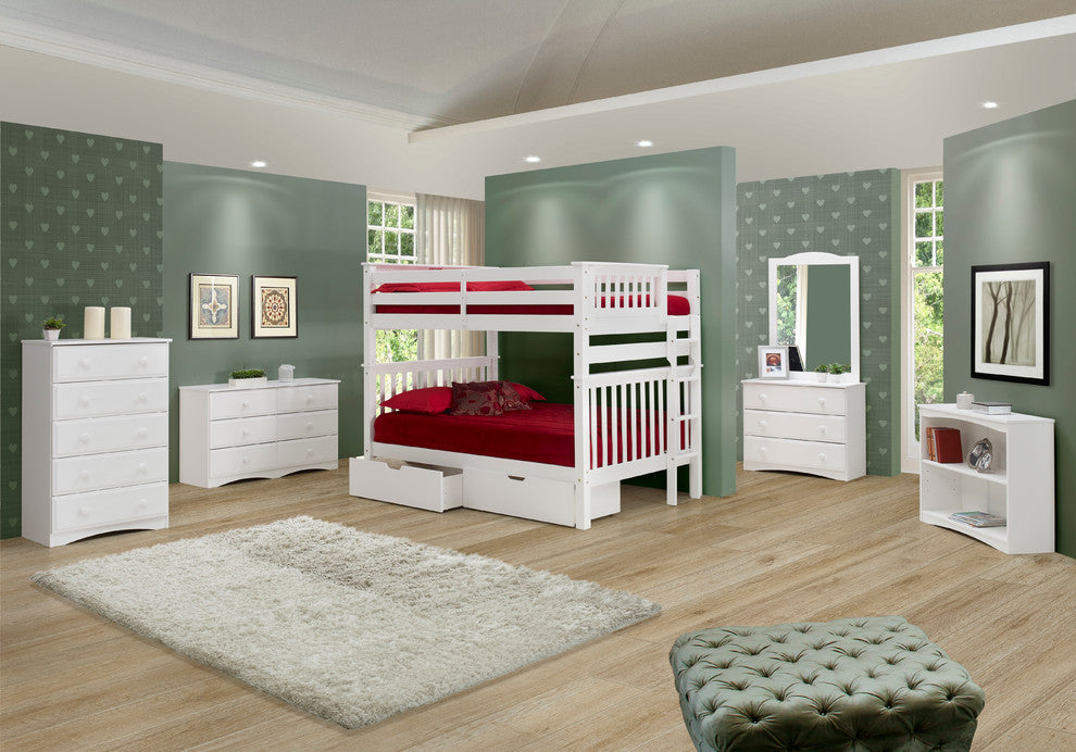Santa Fe Mission Bunk Bed Full Over Full, Bed End Ladder with Drawers, White