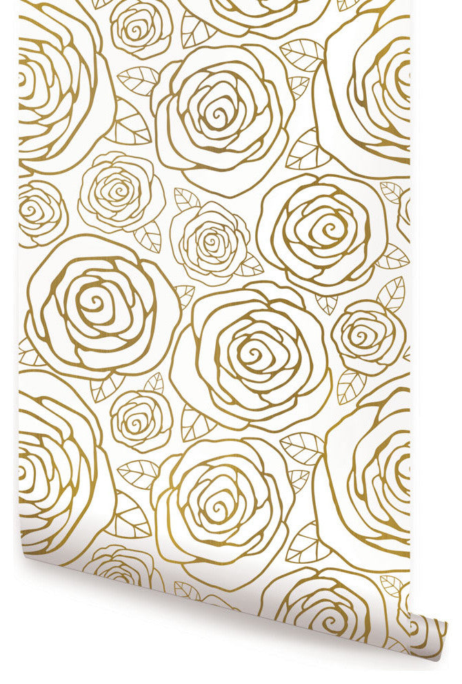 Gold Roses Peel and Stick Vinyl Wallpaper, 24"w X 60"h