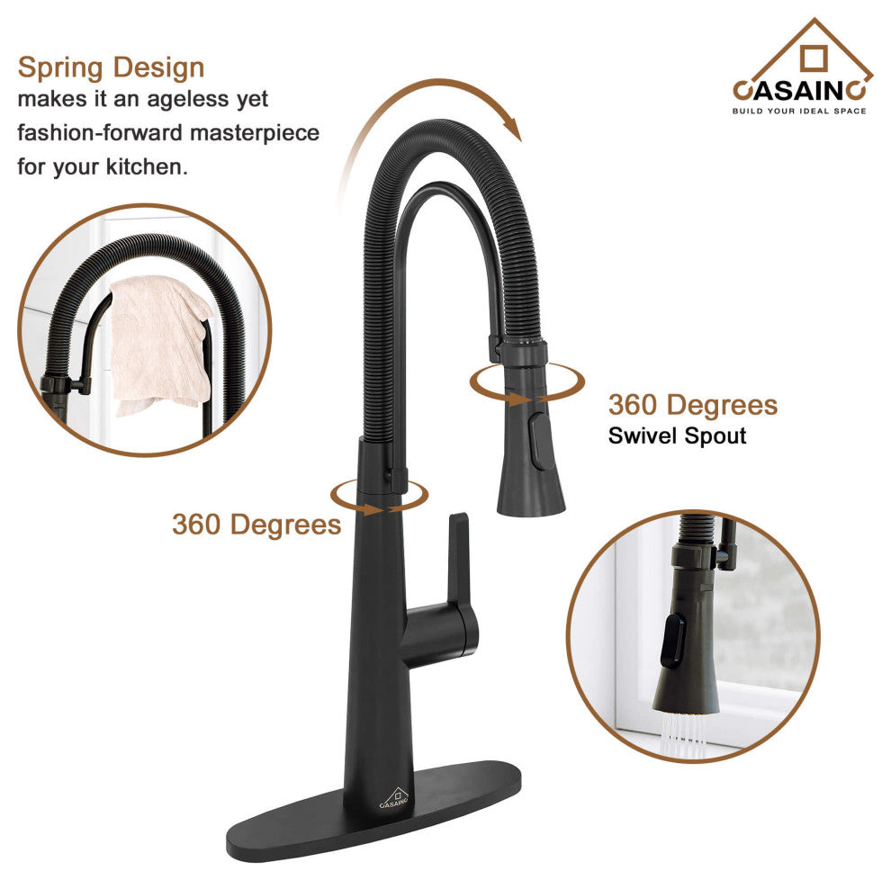 Kitchen Faucet Standard Single-Handle Spring Neck Dual-Function Spray Head, Matte Black