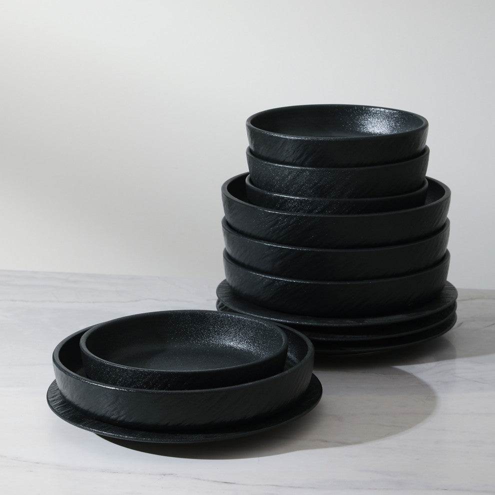 Stone Lain Senso New Bone China 24 Piece Dinnerware Set, Black