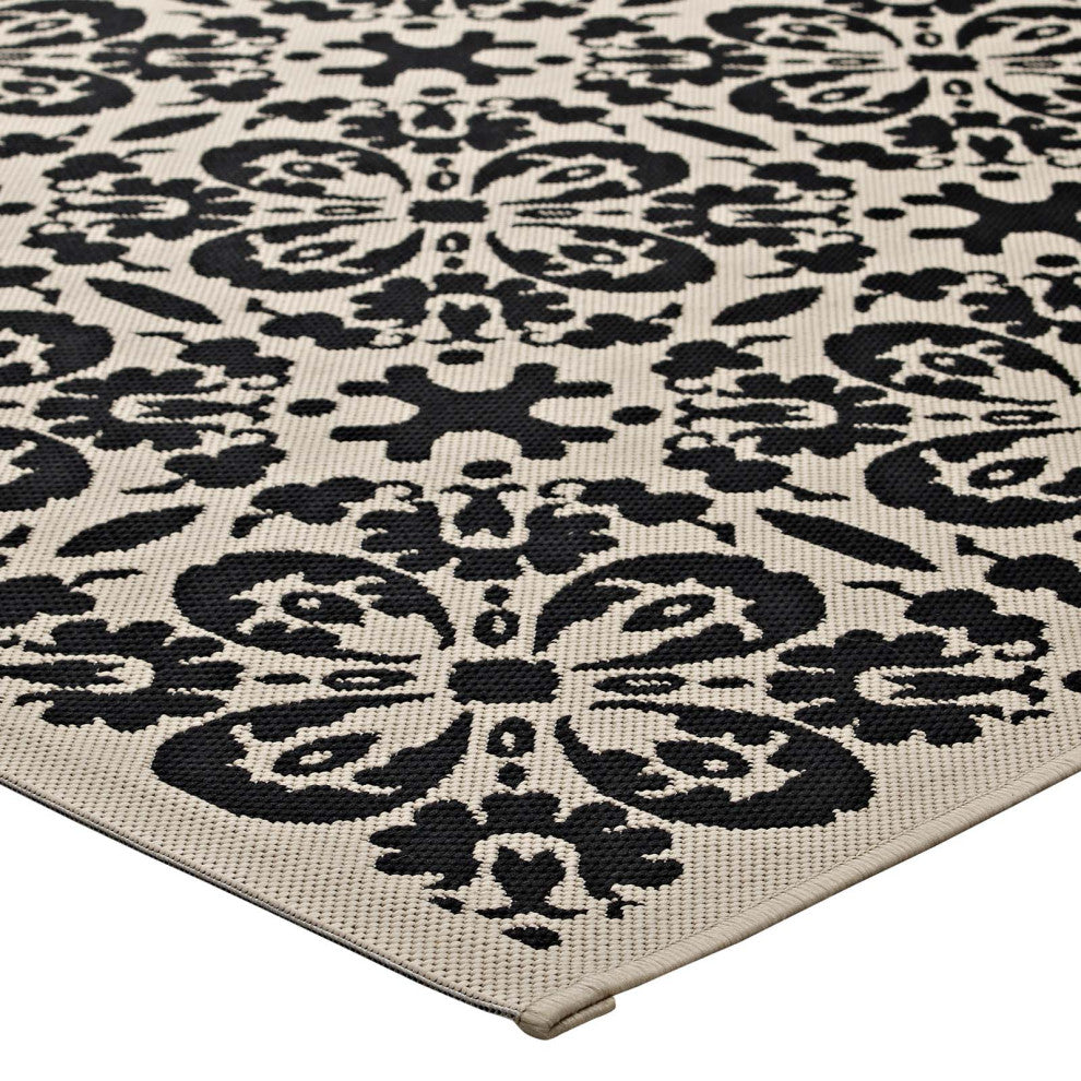 Black and Beige Ariana Vintage Floral Trellis 8x10 Indoor and Outdoor Area Rug