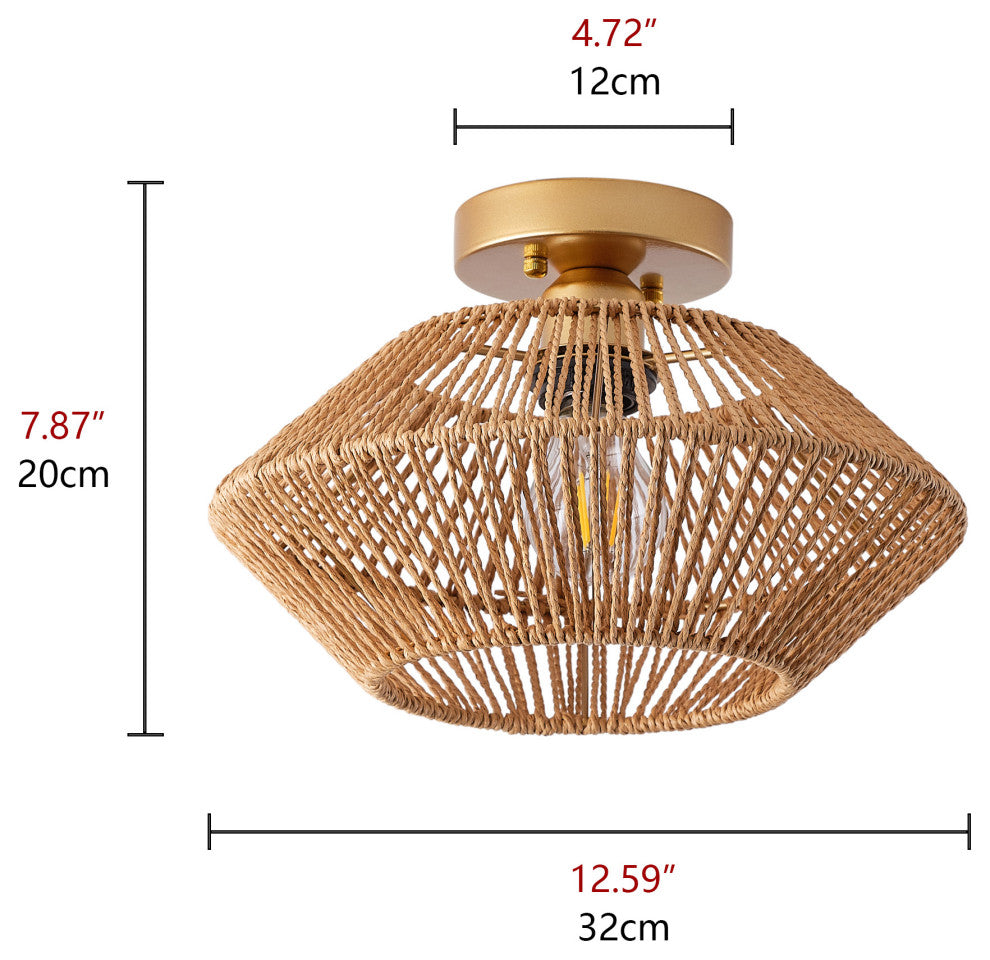 Farmhouse Brown Paper Rope Hand-Woven Semi Flush Mount Ceiling Light