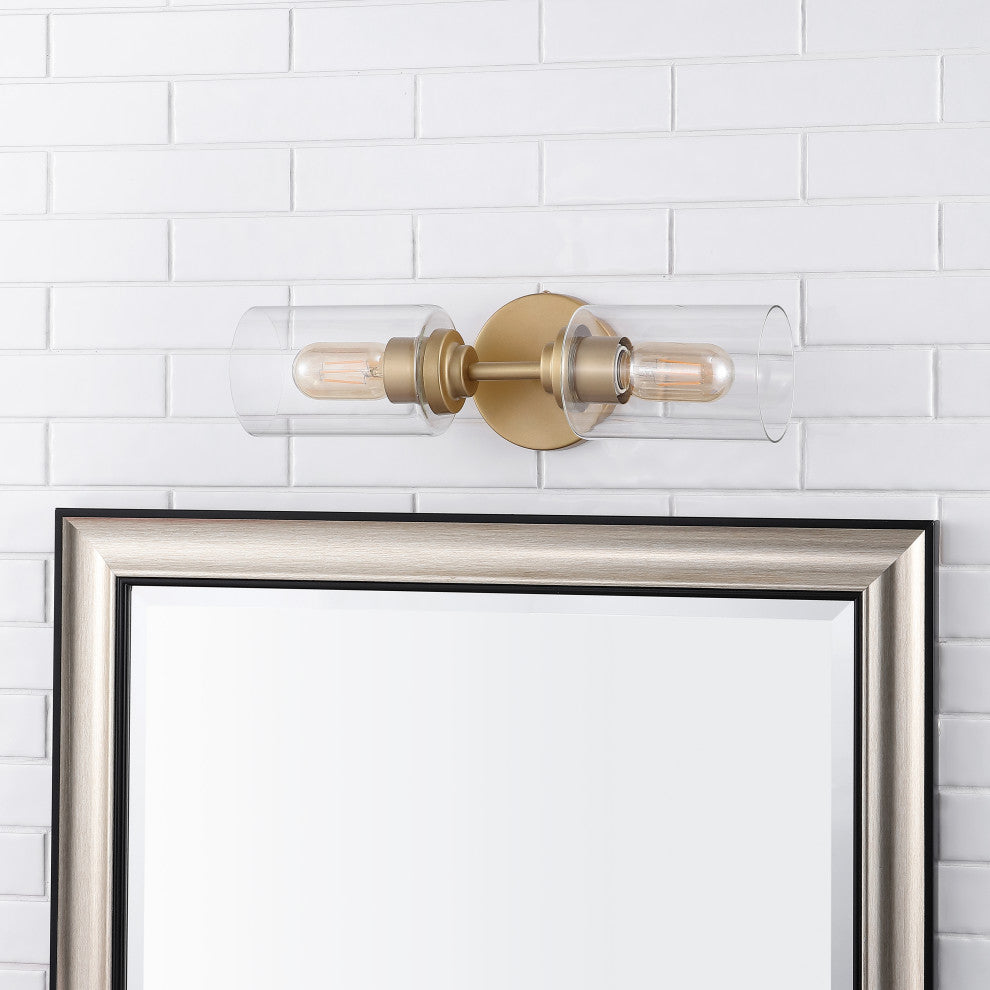 Giles 16" 2-Light Farmhouse Industrial Cylinder LED Vanity, Brass Gold/Clear