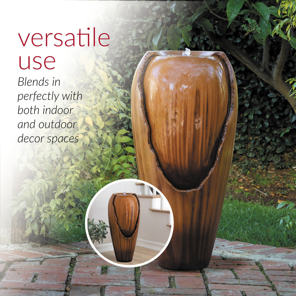 33" Tall Water Jar Fountain with LED Light, Brown