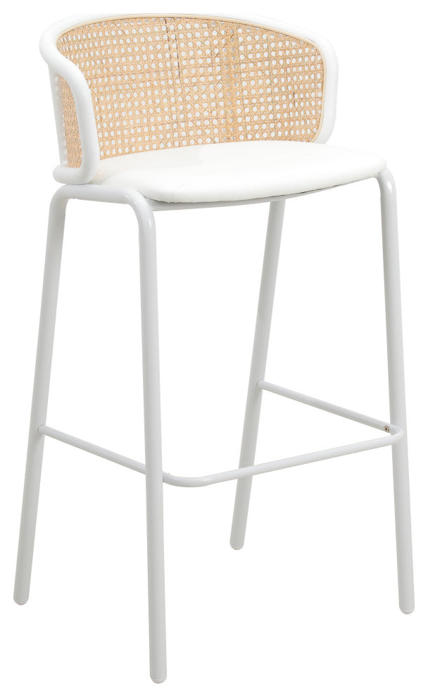 LeisureMod Ervilla Wicker Bar Stool With White Powder Coated Steel Frame, White
