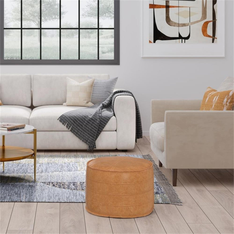 Brody Boho Round Pouf in Distressed Brown Faux Leather