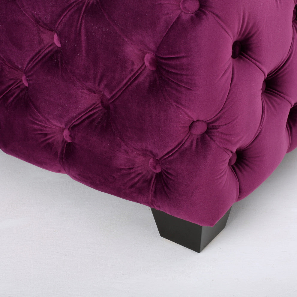 GDF Studio Provence Dark Teal Tufted Velvet Fabric Square Ottoman Bench, Fuchsia