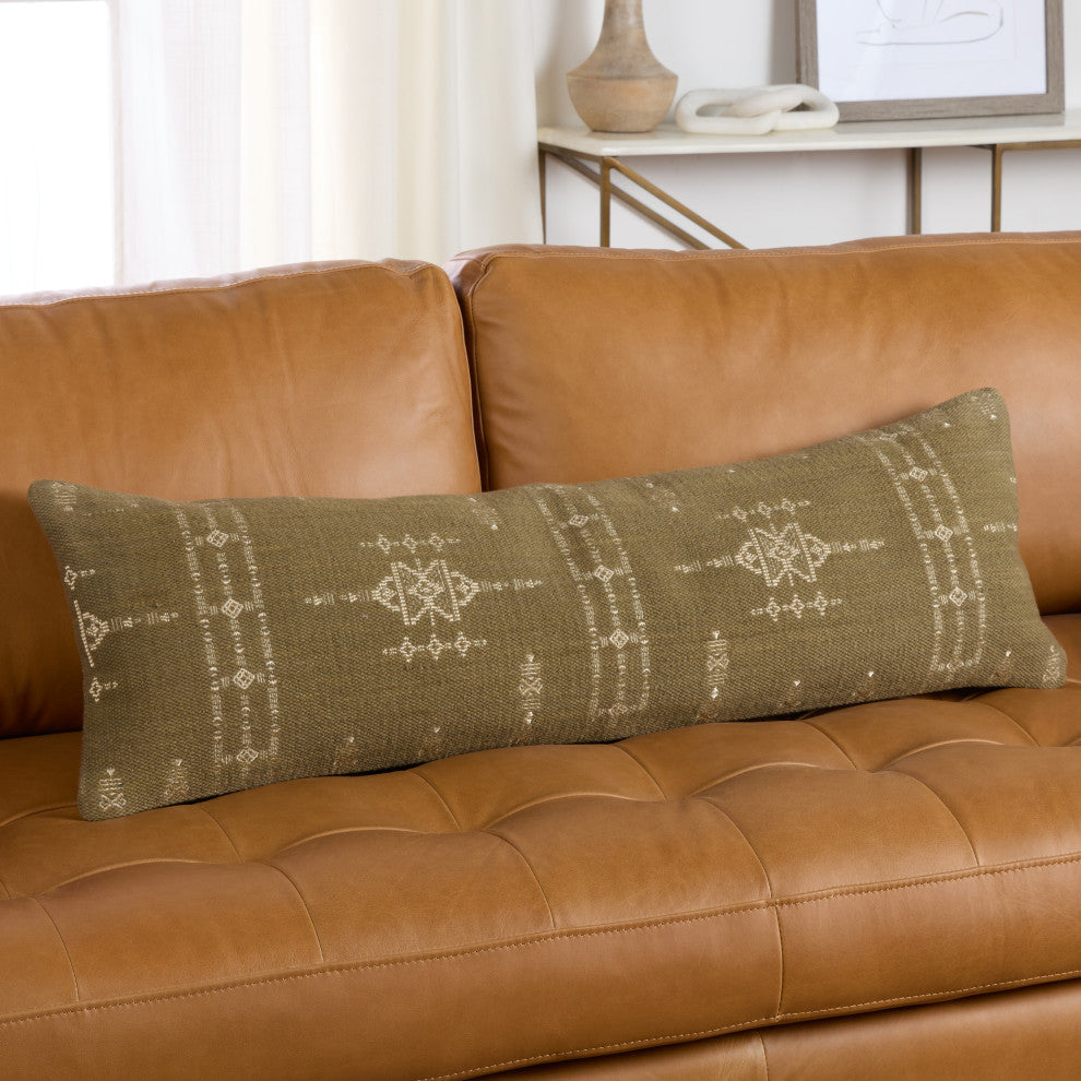 Tarik Medallion Olive Green/ Cream Down Pillow 13"X40" Lumbar, Polyester Fill