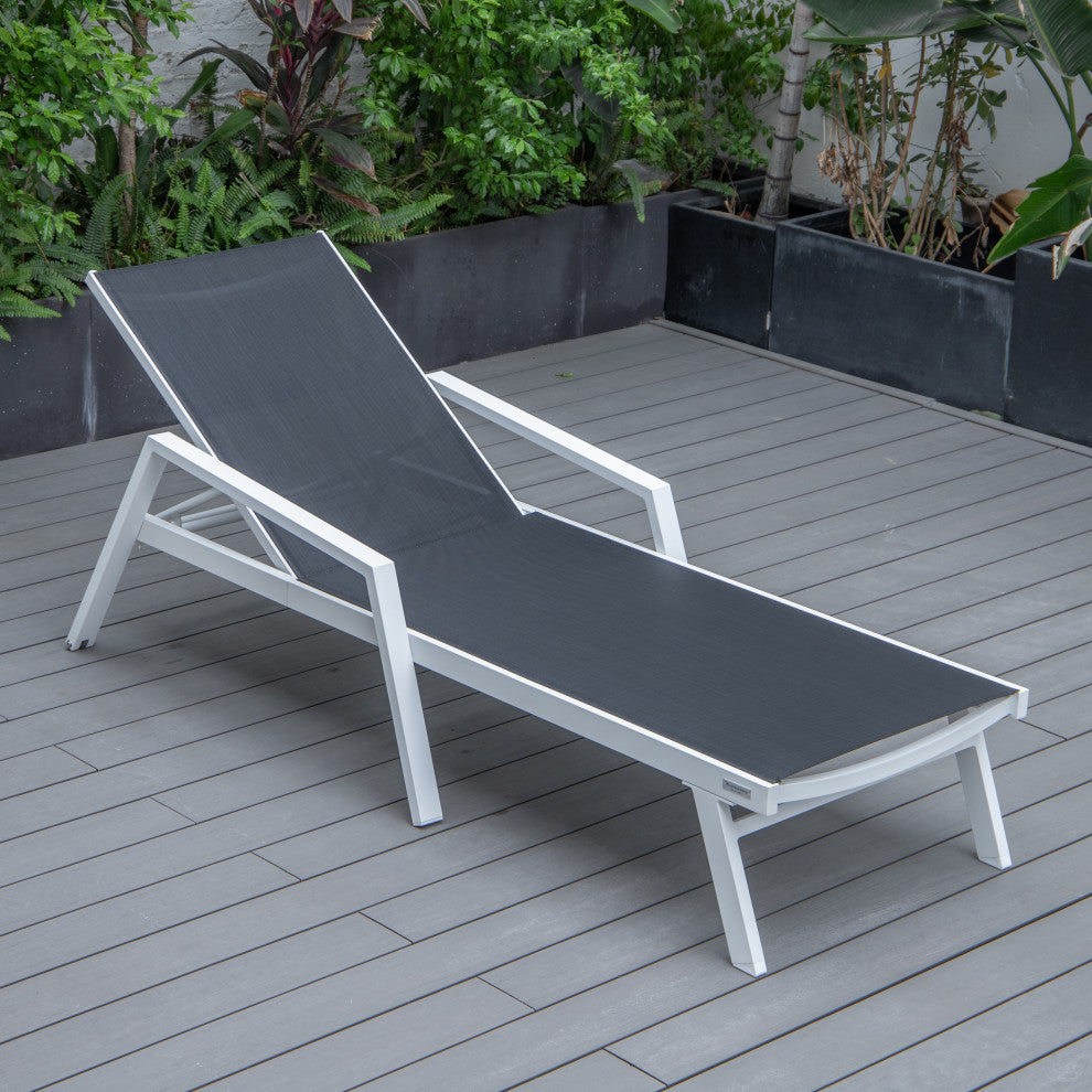 LeisureMod Marlin Chaise Lounge Set With Arms and Fire Pit Table, Black