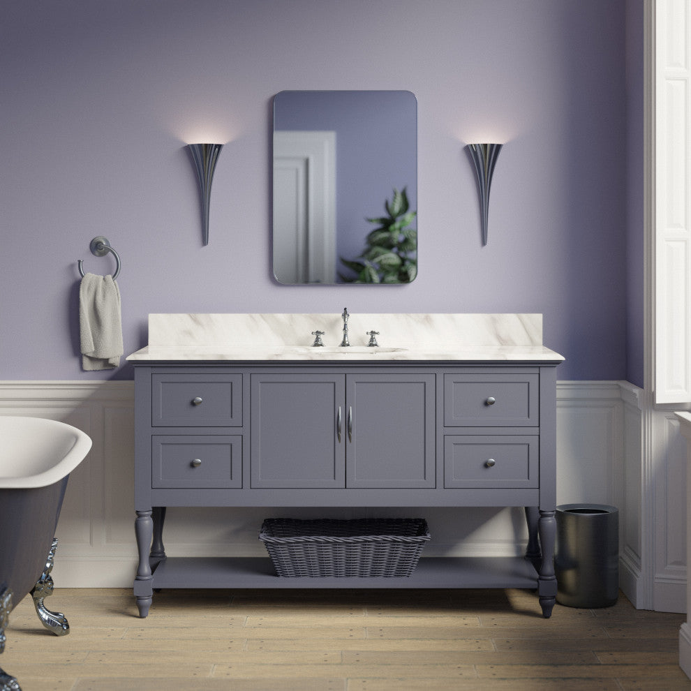 Beverly 60" Bath Vanity, Marine Gray, Carrara Marble, Single Vanity