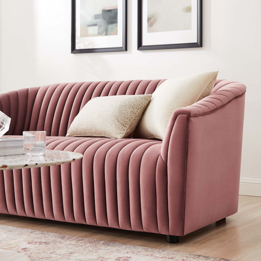 Tufted Loveseat Sofa, Pink, Velvet, Modern, Mid Century Hotel Lounge Cafe Lobby