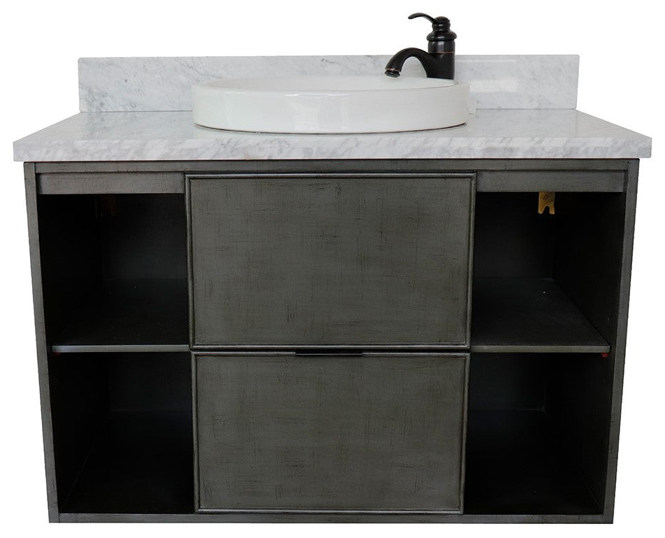 37" Single Wall Mount Vanity, Linen Gray Finish With White Carrara Top