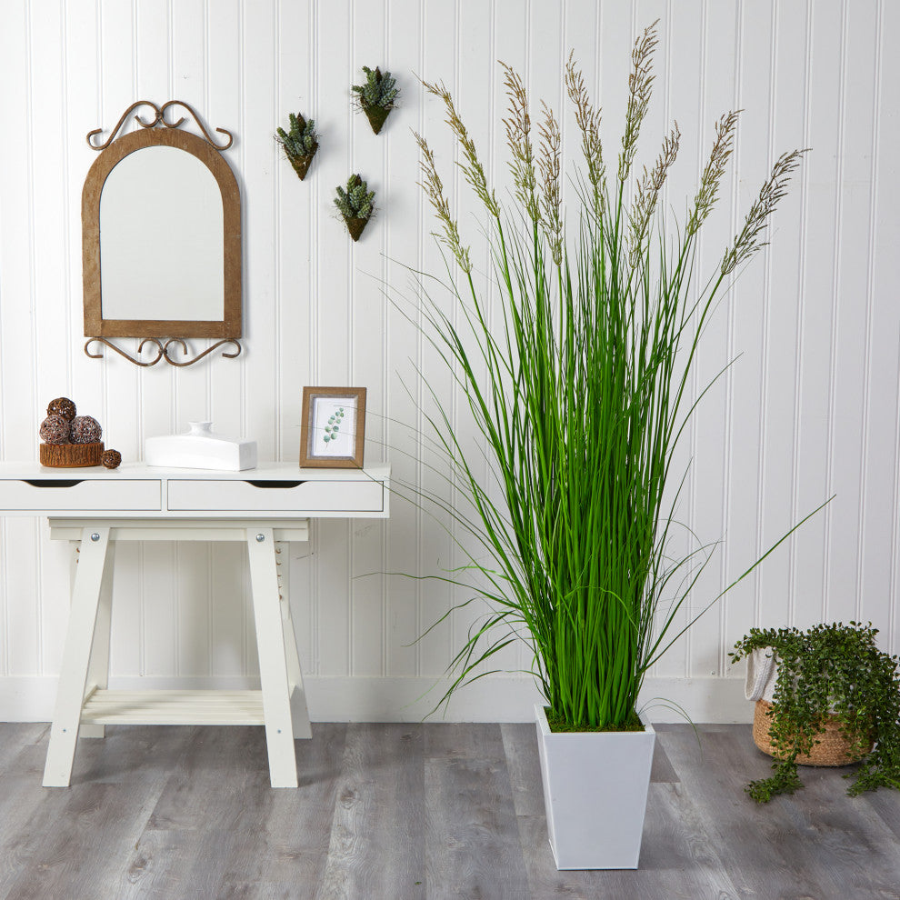 75" Grass Artificial Plant, White Metal Planter