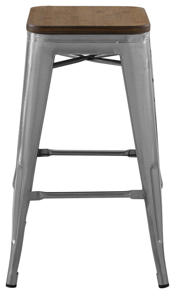 Counter Stool Chair, Set of 2, Wood, Metal, Gunmetal Silver, Modern, Bar Pub