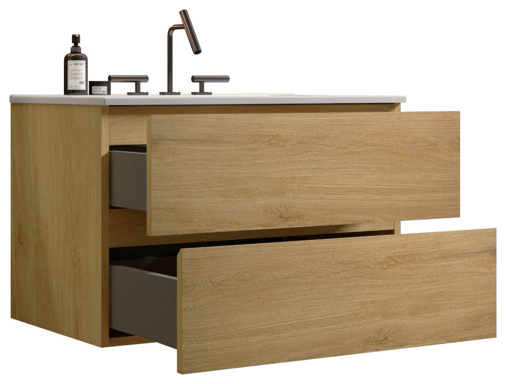 Wall-Mounted Bathroom Vanity Set with Ceramic Sink with three faucet holes, Oak, 30"