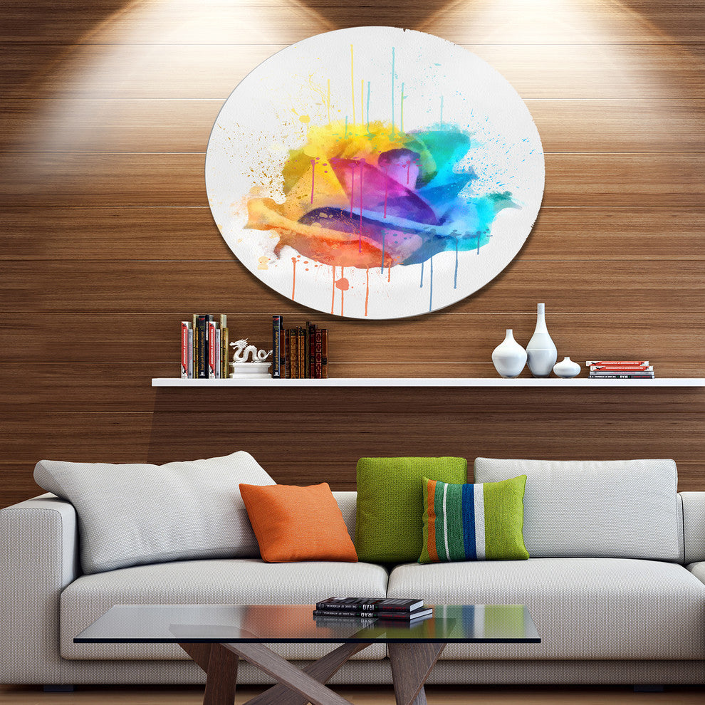 Multicolor Rose With Color Splashes, Floral Round Wall Art, 36"