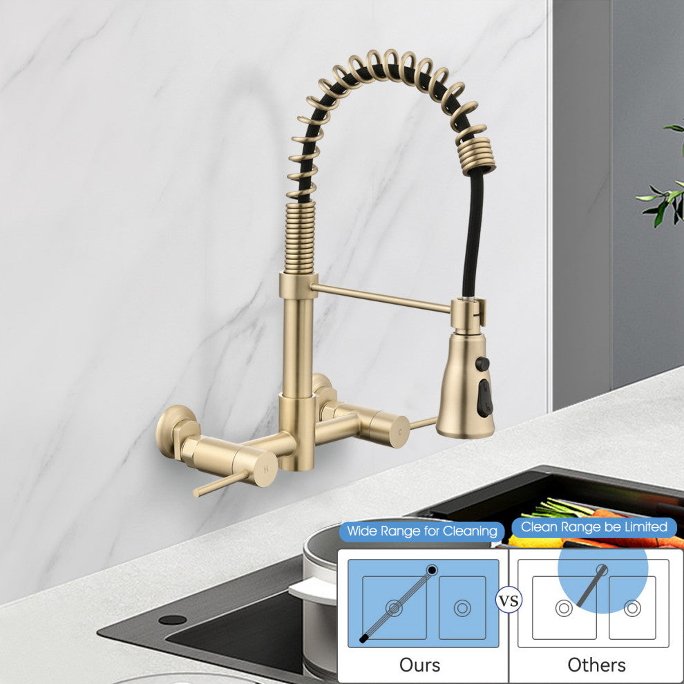 Wall Mounted Bridge Kitchen Faucet, Brushed Gold