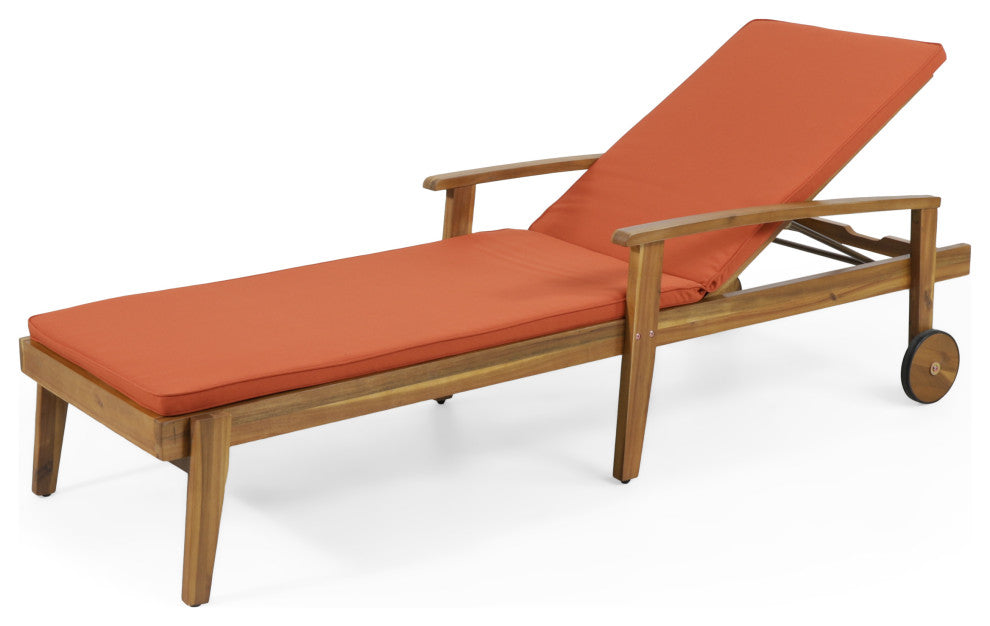 CKH Lucknow Outdoor Acacia Wood Chaise Lounge With Water Resistant Cushion, Orange