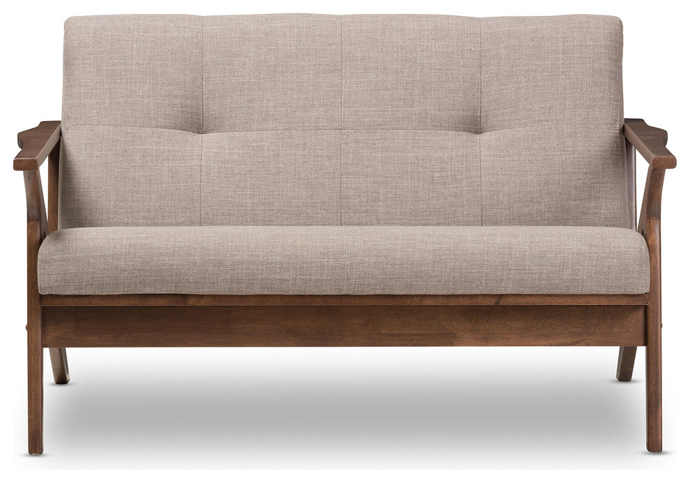 Bianca Mid-Century Modern Walnut Wood Light Gray Tufted 2-Seater Loveseat