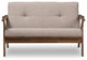 Bianca Mid-Century Modern Walnut Wood Light Gray Tufted 2-Seater Loveseat
