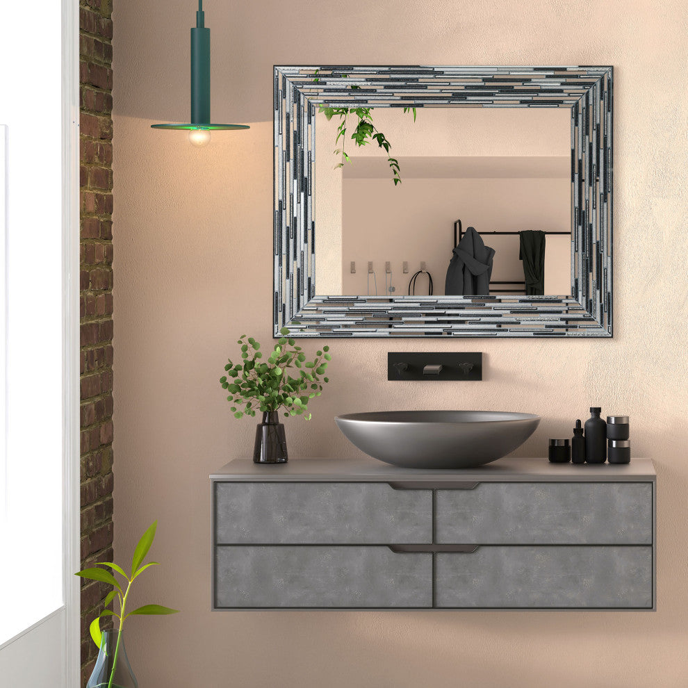 Frameless Glass Reeded Simulated Tile Printed Wall Mirror, Black
