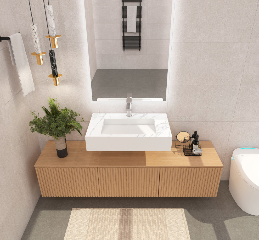 CastelloUSA Pyramid Solid Surface Wall Mounted Ramp Basin Sink, Marble, 36", Standard