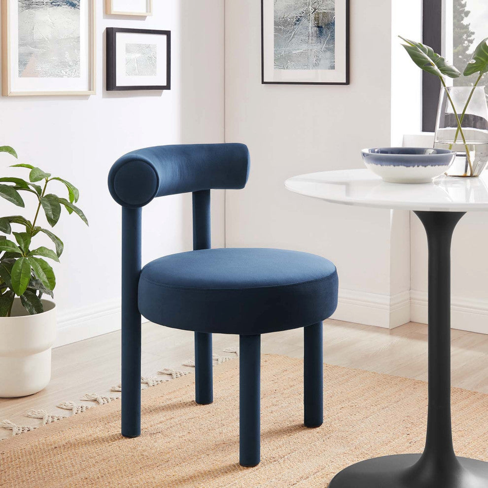 Toulouse Performance Velvet Dining Chair, Curved Round Bolster Side Chair, Blue