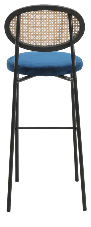 LeisureMod Euston Wicker Bar Stool With Black Steel Frame and Footrest, Navy Blue
