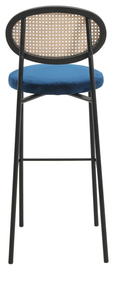 LeisureMod Euston Wicker Bar Stool With Black Steel Frame and Footrest, Navy Blue