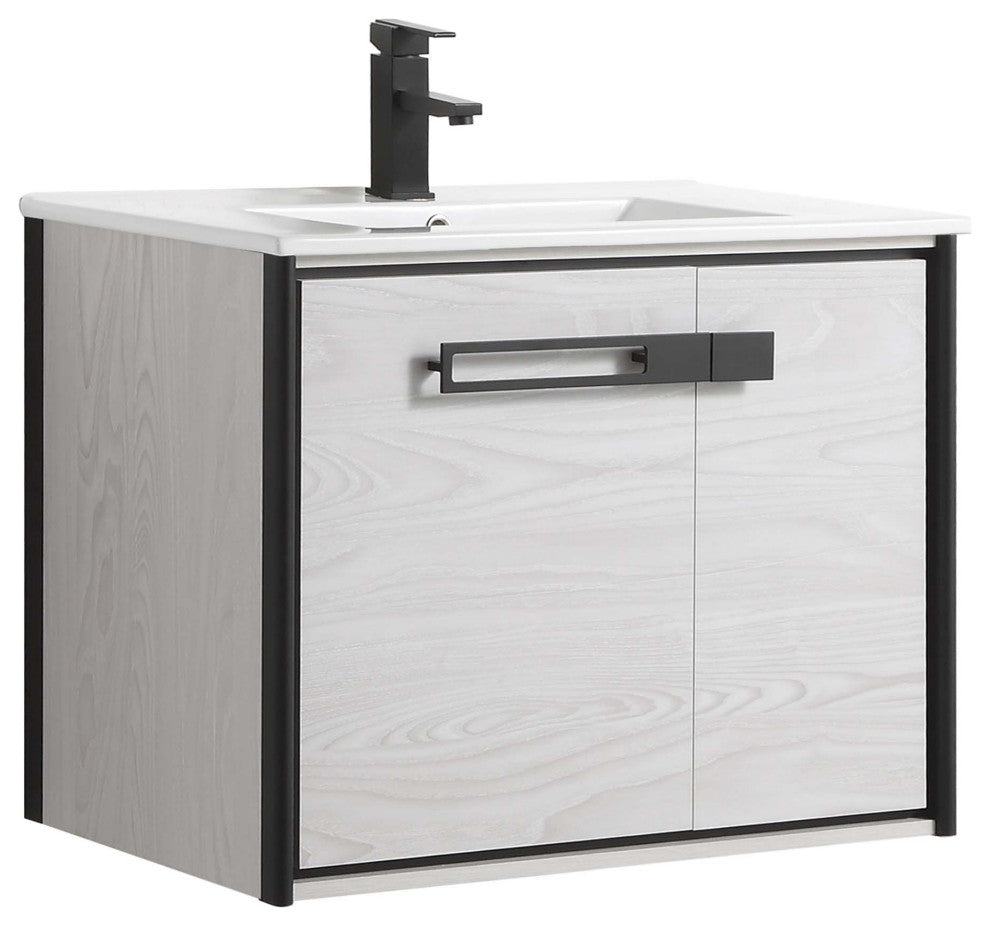 Oakville Wall Mount Bathroom Vanity, Mild Grey Oak, 30", Black Hardware