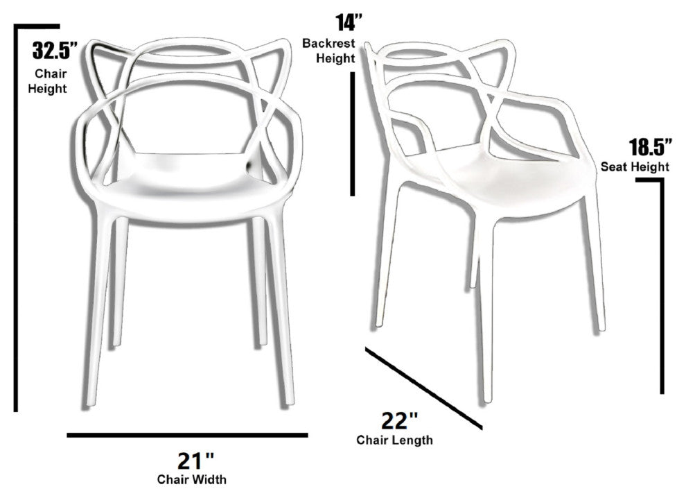 Stackable Molded Plastic Dining Chair With Arms Kitchen Outdoor Modern Set of 2, White