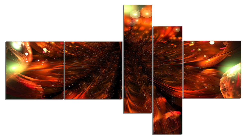 Abstract Fractal Orange Flower, Floral Canvas Art Print, 60"x32", 5 panels