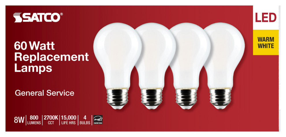 8W A19 LED, Soft White, 2700K, Medium Base, 120V, 4-Pack